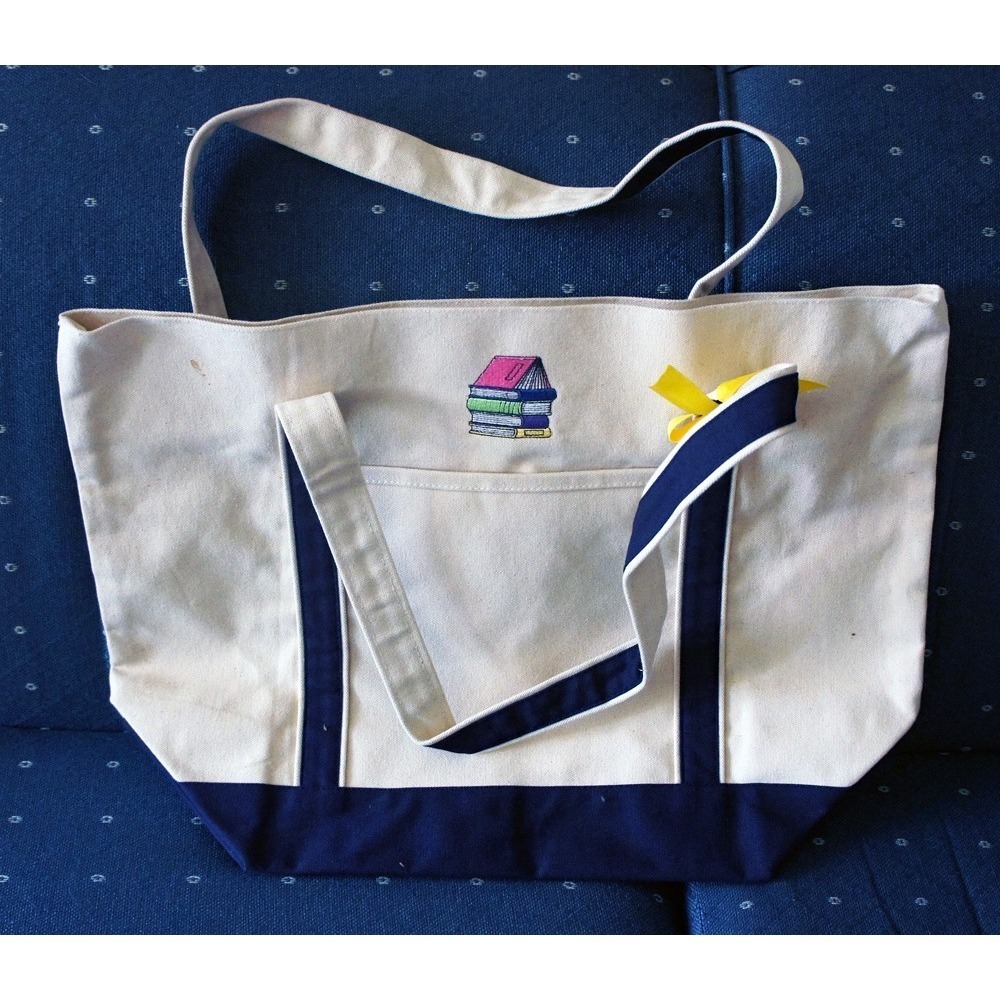 Large Book-Themed Zippered Canvas Tote Bag 19 x 15